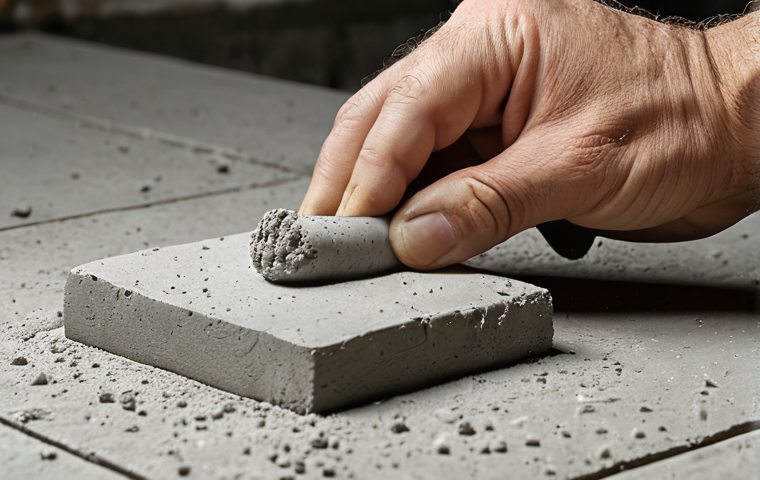 **
> Cement quality test. Close-up on checking cement for lumps and date.
**