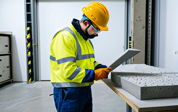 건설재료시험기사 필기시험 주요 과목 정리 - 이미지 1: A professional construction material test engineer, fully clothed in safety gear, inspecting ...
