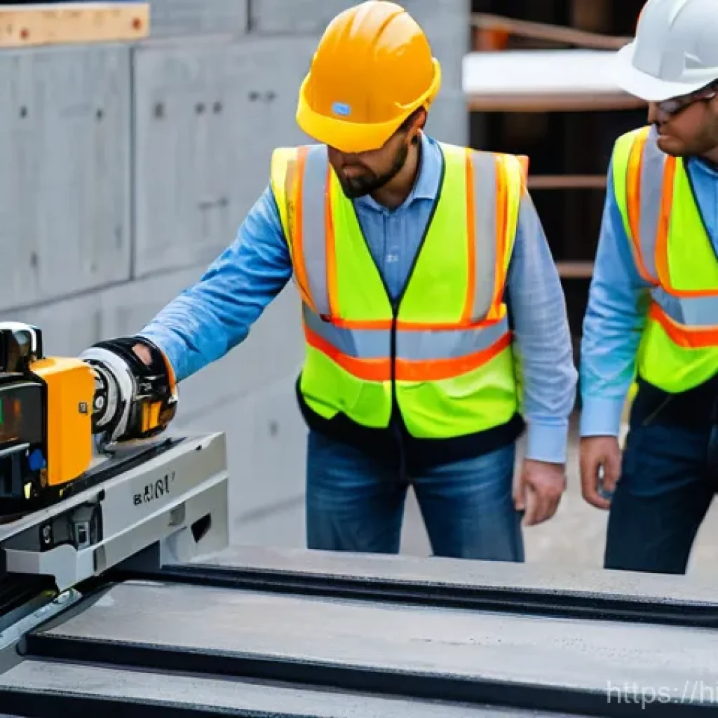 건설재료시험 관련 최신 기술 동향 - **AI-Powered Concrete Quality Inspection:**
    A sophisticated, sleek robotic arm, equipped with ad...