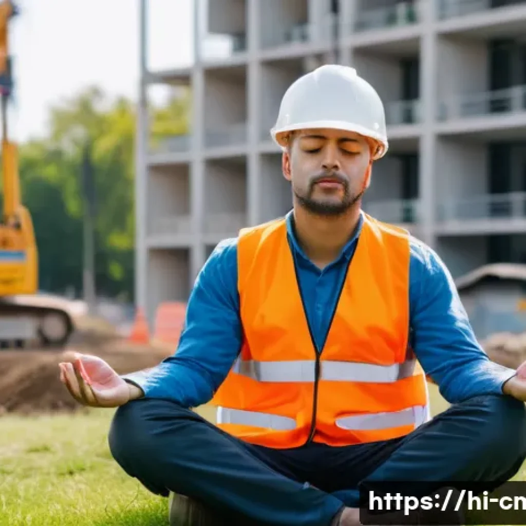 건설재료시험 기술자의 업무 스트레스 관리 - A construction materials testing technician taking a mindful break outdoors on a sunny day, sitting ...