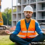건설재료시험 기술자의 업무 스트레스 관리 - A construction materials testing technician taking a mindful break outdoors on a sunny day, sitting ...