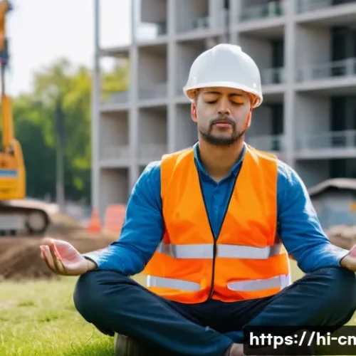 건설재료시험 기술자의 업무 스트레스 관리 - A construction materials testing technician taking a mindful break outdoors on a sunny day, sitting ...