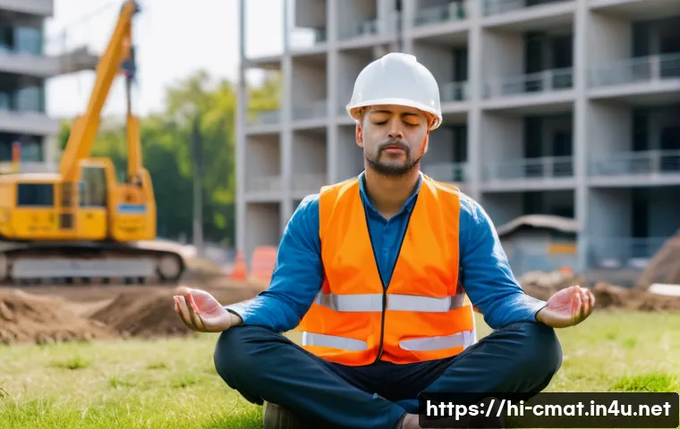 건설재료시험 기술자의 업무 스트레스 관리 - A construction materials testing technician taking a mindful break outdoors on a sunny day, sitting ...