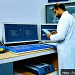 건설재료시험 실무에서 자주 발생하는 문제 - A detailed laboratory scene showing a skilled technician in professional attire carefully calibratin...