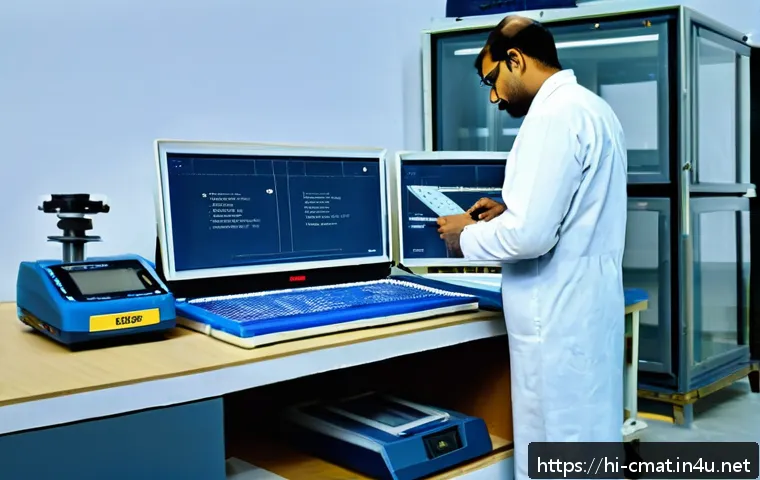 건설재료시험 실무에서 자주 발생하는 문제 - A detailed laboratory scene showing a skilled technician in professional attire carefully calibratin...